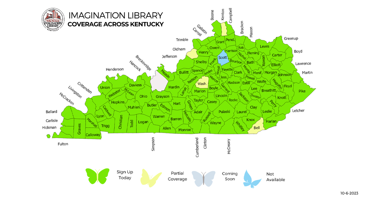 Dolly Parton's Imagination Library Statewide Kentucky coverage map as of Oct, 06, 2023